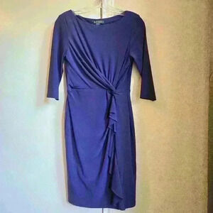 LAUREN RALPH LAUREN Women’s Blue Ruched Ruffle 3/4 Sleeve Sheath Dress|sz6P #132